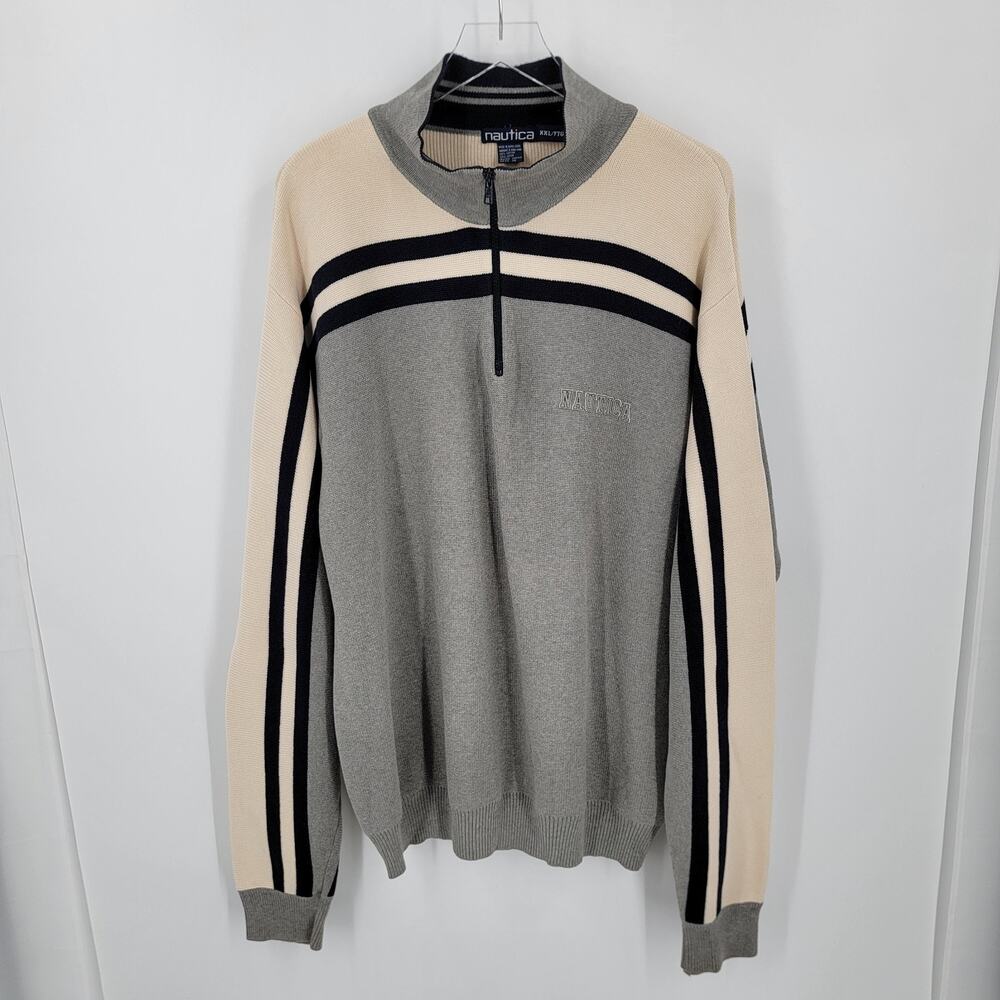 Nautica Sweater Mens 2XL Quarter Zip Striped Mock Neck Gray Ivory Blue Vintage